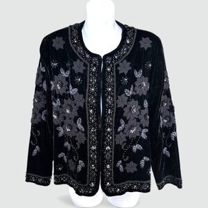 Silk City Handmade VTGE Black Velvet Beaded Floral Jacket Blazer Eve Formal Med